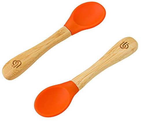 bamboo bamboo ® Cucharas De Destete Para Bebé, Set De 2 | Bambú Con Puntas De Silicona Suave | Mangos Ergonómicos De Fácil Agarre | Libre De BPA (Set De 2, Naranja)