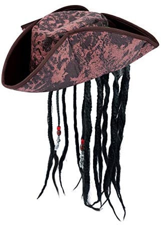 HENBRANDT 1 x Children’s Deluxe Brown Pirate Hat with Hair Braids and Beads Caribbean Pirate Captain Dress Up Imaginative Play One Size Halloween Fancy Dress Costume Accessory for Kids