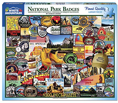 White Mountain Cardboard Jigsaw Puzzle 1000 Pieces 24-inch x 30-inch, National Park Badges