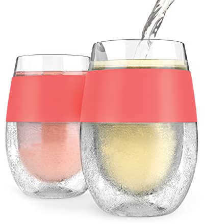 Host Wine Freeze Kühlbecher 2er-Set Doppelwandiger Isolierter Gefrierbarer Getränkekühlbecher mit Gefriergel, Gläser für Rot- und Weißwein, 250 ml, Korallenrot