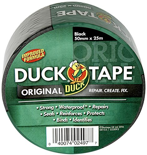Duck Tape Original schwarzes Klebeband, verbesserte Formel, hohe Festigkeit, wasserdicht, Gaffer- und Dukt-Klebeband, Reparaturband, 50 mm x 25 m