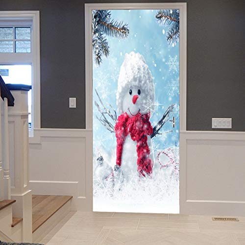 A.Monamour Sticker Porte Autocollant Poster de Porte 3D Pin Flocon De Neige Texture Bonhomme De Neige Portant Écharpe Noël Vinyle Affiche de Porte Sticker Mural Papier Peint Art Décor 83 x 204 cm