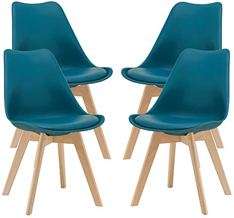 [en.casa] Esszimmerstühle Fläten 4er Set Stuhl Küchenstühle Kunstleder Essstühle gepolstert Esszimmerstuhl Holzbeine Küchenstuhl Polsterstuhl Türkis