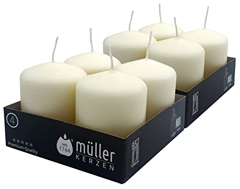 Müller Stumpenkerzen - Set mit 8 Säulenkerzen - Farbe Elfenbein - 48 x 62 mm - Lange Brenndauer: 10 Stunden - Tropffrei Wachskerzen, Unparfümierte - RAL Qualität