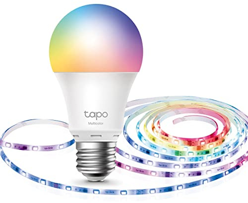 Tapo TP-Link L530E smarte WLAN Glühbirne E27, Mehrfarbrige dimmbare alexa smarte lampe RGBIC LED Strip 5m, beschichteter Smart LED Streifen, 50 verschiedene Farbzonen Segmentcontrol