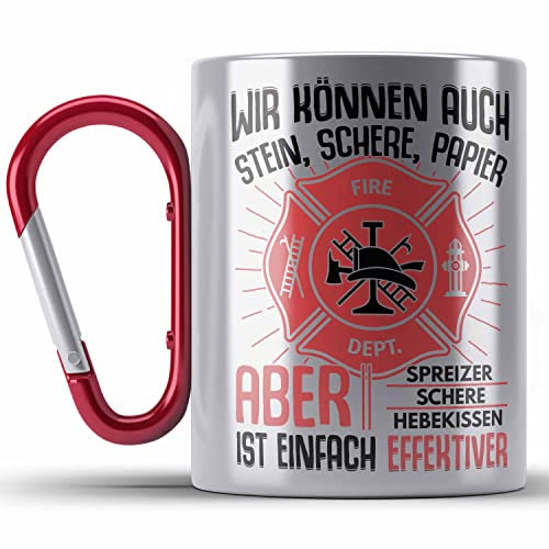 Trendation - Feuerwehr Edelstahl Tasse Karabiner Geschenke Zubehör Lustig Einsatz Geburtstag Spruch Mann Fire (Rot)