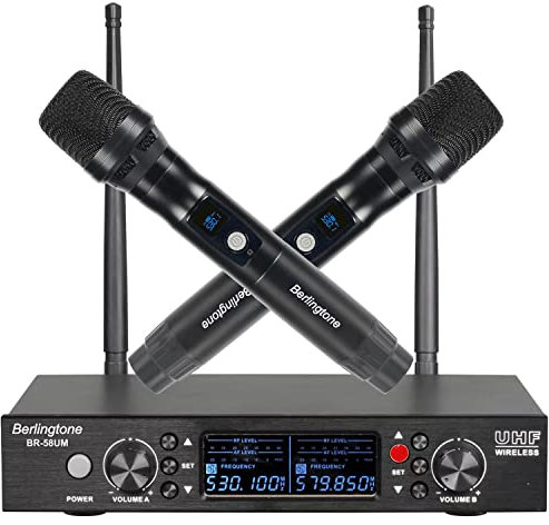 -Berlingtone Wireless Microphone System, 2 Handheld Dynamic Microphones,120- Adjustable Frequency Channel, Metal case & mic, for Karaoke, Meeting, Party, Church, DJ, Wedding, up 260ft Range (BR-58UM)
