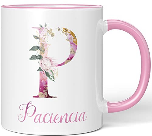 JUNIWORDS Tasse, Paciencia, Name Anfangsbuchstabe Initial Alphabet Floral Buchstabe P Monogramm Motiv, Rosa (5533873)