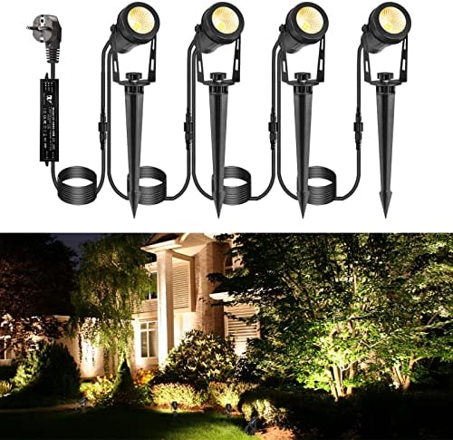 ECOWHO 4 PACK Luci di Paesaggio a Bassa Tensione, 12W 15M Cavo Faretto da Esterno con Trasformatore a 12V, IP65 Luci Spot Impermeabili a Spina, 2700K Bianco Caldo per Piante, Prato, Alberi