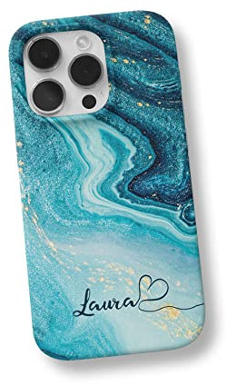 iCaseDesigner Personalised Marble Glitter Flowing Name with Heart Phone Case Compatible with iPhone 14 Pro - 6. Turquoise Sparkle Swirl Name