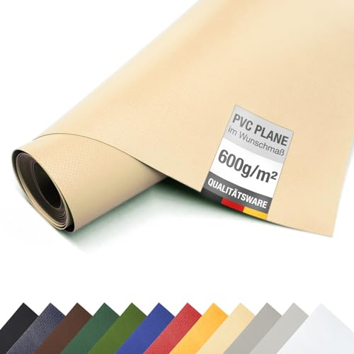 ANKO PLANEN PVC LKW Plane 600 g/m² Meterware – schwere Industrie Abdeckplane mit verstärktem Gewebe, hochwertig matt (Beige, 3m x 7m)