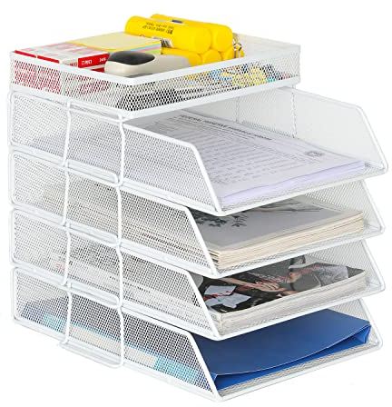 EasyPAG 5 Niveles Metal Malla A4 Bandejas Oficina Apilables Soporte Documentos Almacenamiento Revistas Organizador Escritorio Clasificador Carta Estante Papel,Blanco