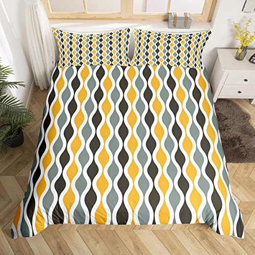 Gelb Grau Gestreift Bettwäsche Set 135x200cm Mädchen Jungs Kinder Geometrisch Betten Set Modern Schwarz Weiß Streifen Bettbezug Set Dekor Retro Geometrie Bettdeckenbezug Bettwäsche Sammlung 2Stück