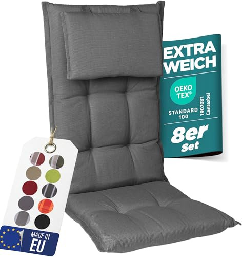 gardisun Gartenstuhlauflagen Hochlehner mit Kopfteil, 8er Set, Grau | Extra Dicke Sitzauflagen, Made in EU, Polsterauflagen für Hochlehner, Auflagen mit extra hoher Lichtechtheit