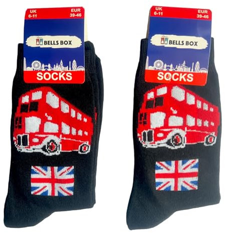 Souvenirs 2 Pairs Men’s London Socks – UK Size 6-11 – Black Crew Socks with Union Jack & London Bus Design – British Gift for Tourists & Travelers