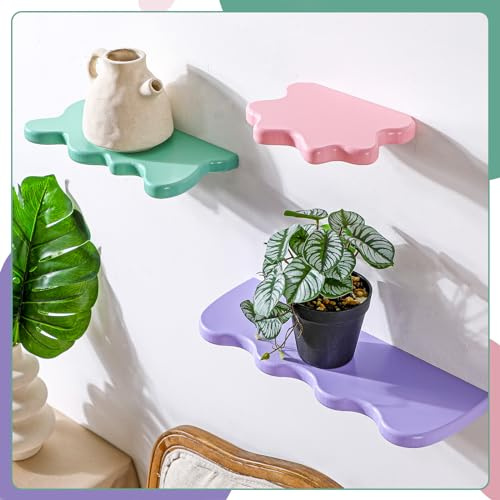 Geetery 3 Stück gewellte schwebende Regale, niedliche Wolkenregale, Kawaii, Pastell-Raumdekoration, flippiges Wandregal, adrettes Bücherregal für Wand, Schlafzimmer, Badezimmer, Display