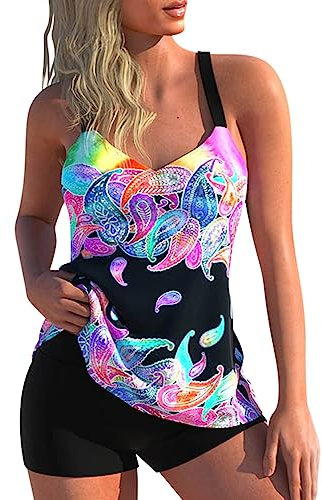 Minetom Maillot de Bain 2 Pièces Femme Tankini Ensembles Maillots Taille Haute Push Up Bikini Set Grande Taille Imprimé Débardeur et Short A5 Bleu L