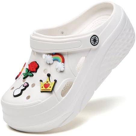 Platform Clogs pour Dames Sabots de Loisirs et vêtements de Sport Tongs de Sanitaire avec Charms Chaussons de Wedge Blanc,37