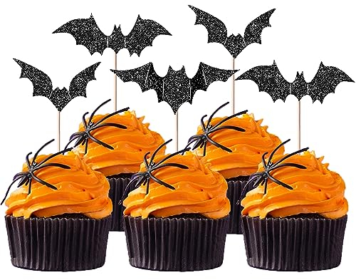 Xsstarmi 30 Stück Halloween-Fledermaus-Cupcake-Topper, schwarz, Glitzer, Fledermaus, Halloween-Cupcake-Picks, Dekorationen für Fledermaus-Thema, Babyparty, Kindergeburtstag, Halloween, Party,