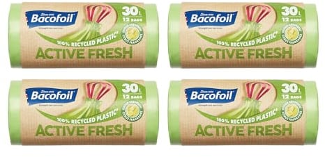 Bacofoil Active Fresh 30L Bin Liners - 48 Recycled Bin Bags (4 Rolls) | Leak-Proof Design, Citrus Fragrance | Odour Prevention, Eco-Friendly Waste Disposal