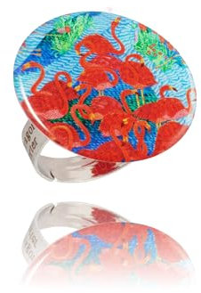 Boho Groß Mandala Design Runde Statement Ringe Einstellbar Schmuck für Damen (Stil 10 - Rot Flamingo und Blau)