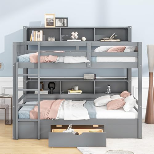Funktionsbett Etagenbett 90x200 für 2 Kinder, Stockbett mit Bücherregal & Schubladen, Hochbett Kinderbett mit Rausfallschutz und Lattenrost, Massivholz Kinderhochbett Jugendhochbett, Doppelbett (Grau)