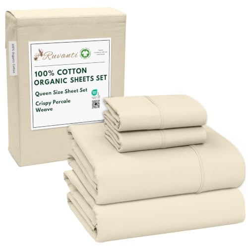 RUVANTI Bettlaken aus 100% Bio-Baumwolle, Queen-Size-Größe, 4-teilig, weich und atmungsaktiv, Perkal-Bettwäsche, Tiefe Tasche, 40,6 cm, Hotelstandard, frisches, kühles Gefühl, langlebig, gefärbtes
