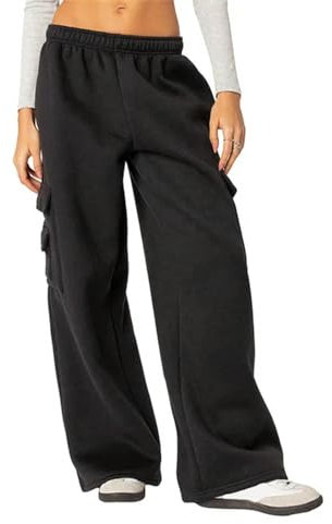 Y2K-Cargohose für Damen, einfarbig, elastisch, niedrige Taille, weites Bein, Baggy-Hose mit Mehreren Taschen, 2000er-Jogginghose – wie auf dem Foto Gezeigt – L