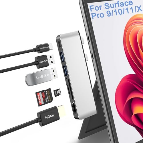 Surface Pro 9 Zubehör, Surface Pro 9 Hub Dockingstation mit 4K HDMI, USB-C Thunerbolt 4 (8K Video+Daten+100W PD), 2 USB 3.0, SD/TF Kartenleser, USB C Hub für Surface Pro 9/Pro X
