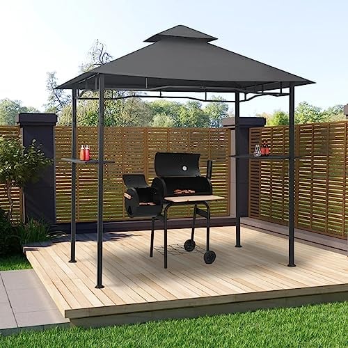 Mengtu Grillpavillon Anthrazit | Stahl & Polyester | 240x150x255cm | Doppeldach & Bartheke Model48602