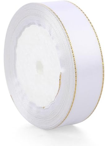 Geschenkband Weiß 25mm x 22 Meters Goldränder Schleifenband Weiss Geschenkbänder Stoff Breit Dekoband für Geschenkverpackung Blumenstrauß Kuchendekoration Hochzeitsfeier