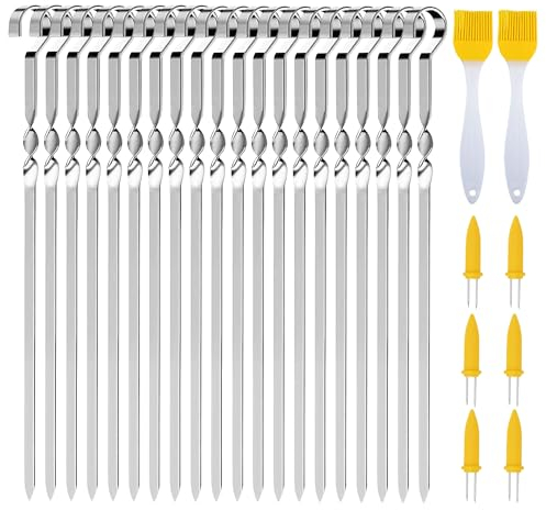 Pinchos de Barbacoa de Acero Inoxidable, Brochetas de la Parrilla, 20 Piezas 30cm Brochetas de Barbacoa de Acero Inoxidable, Viene con 2 cepillos y 6 mazorcas de maíz,para Hoguera o Barbacoa. (20)