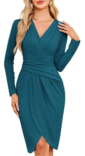 JASAMBAC Going Out Dresses for Women,Long Sleeves Wedding Guest Dress Elegant Cotail Dresses Bodycon Dress Ruched Wrap Midi Outfits for Work Business Party Peacock Blue