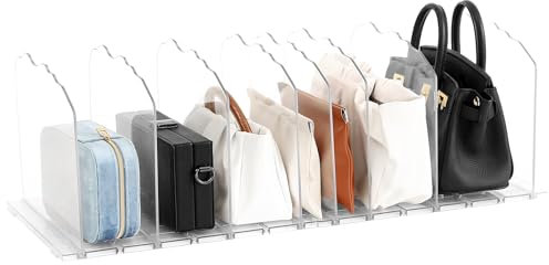 Fangoo 8 PCS Adjustable Handbag Storage Organiser Shelf Dividers for Wardrobe Closets Shelf Separator Purse Organizer Clear Acrylic Shelf for Bedroom Kitchen Cabinet Shelves