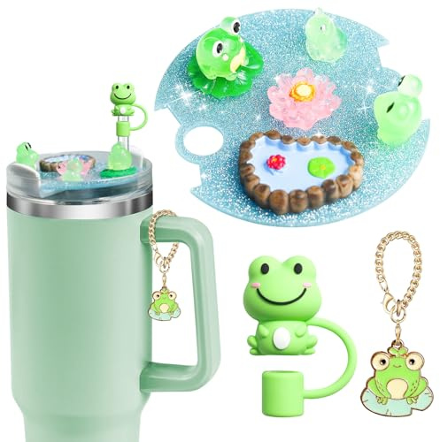 Herfair Accessoires pour Stanley Cup - Décorations lumineuses pour gobelets de 1000 ml - Couvercle de paille décoratif Kawaii avec pendentif (grenouille)