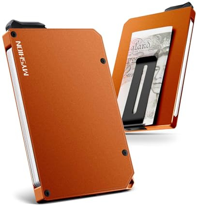 MYSHION Metall Kartenetui Herren mit Geldklammer, Minimalist Pop-Up Slim Wallet, RFID Schutz, Karten Portemonnaie mit Aufhängeloch, Aluminium Card Holder für 6–8 Karten - Orange