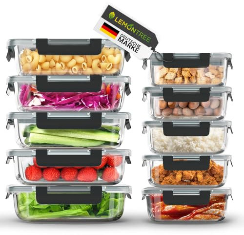 Lemontree Vorratsdosen mit Deckel Luftdicht - Meal Prep Boxen Glas - Mikrowellengeeignet, Spülmaschinenfest - Auslaufsicher, stapelbar - Aufbewahrungsbox Küche (Meal Prep Boxen 10er Set)
