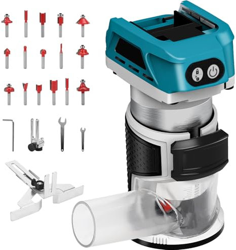Fresa a batteria compatibile con batteria Makita da 18 V, Rifilatore Fresatrice Verticale 800W, con 6 velocità, 15 punte per fresa, guida dritta e 3 pinze, trimmer per legno a batteria