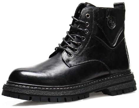 MANLADUO Stivali da moto in vera pelle da uomo, stile britannico, casual, stivali da lavoro alti alla moda, stivali da moto vintage, nero, 38 EU