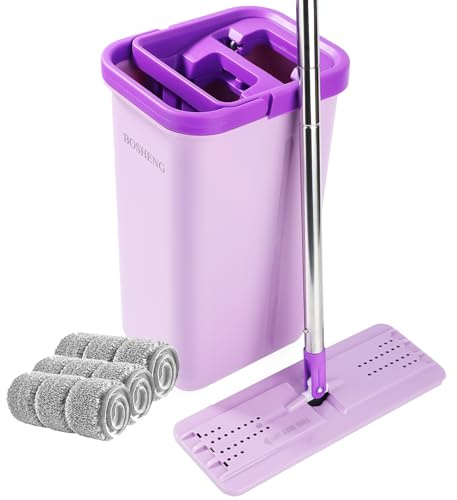 BOSHENG Mop and Bucket with Wringer Set, Hands Free Flat Floor Mop and Bucket, 3 Washable Microfiber Pads Included, Wet and Dry Use, Home Floor Cleaning System for All Floor Types and Windows, Purple
