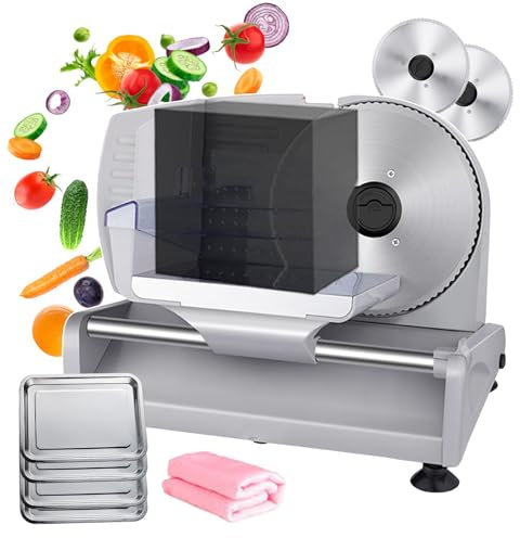 Cortadora de carne de acero inoxidable, cortadora de verduras, cortadora eléctrica de queso y fiambres, 200 W, picadora de carne comercial para jamón, pan (con 2 cuchillas de acero inoxidable y toal