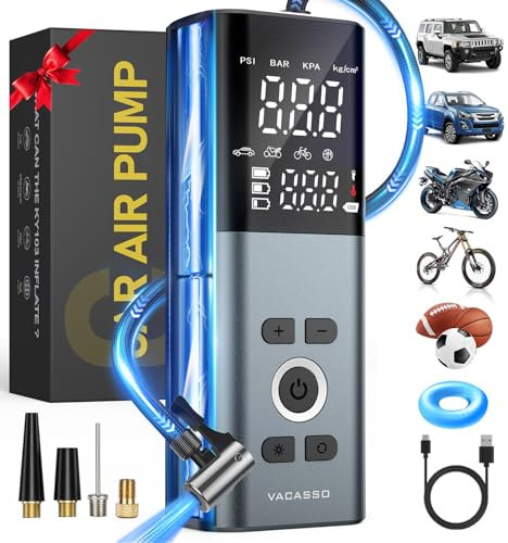 Compressore d'aria portatile, 5 volte più veloce, pompa ad aria tascabile per pneumatici auto, pompa per pneumatici senza fili, per auto, SUV, moto, bici, palline con manometro a LED, grigio