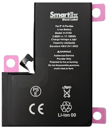 Smartex® Black Label Battery compatible with iPhone 15 Pro Max - Capacity 4422 mAh - 2 Years Warranty
