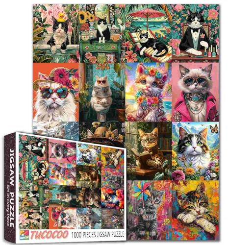 Tier-/Wildtier-Puzzles für Erwachsene, schwarz-weiße Katze in der Badewanne, Malpuzzle, niedliche Katze mit Sonnenbrille, 1000 Teile, Puzzle-Spiel, Haustier-Wanddekoration, Bastelpuzzle, Kunst (grün)
