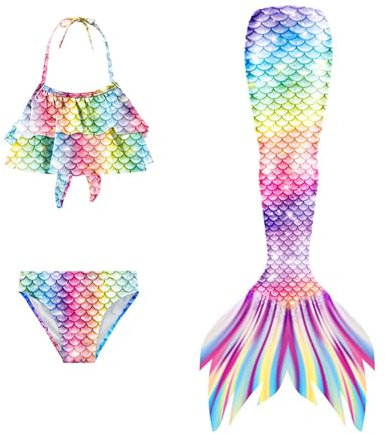 𝙈eerjung𝙛rau Flosse Mädchen Mit Badeanzug 3-Teiliges Set 𝙈eerjung𝙛rau-Cosplay 𝙈eerjung𝙛rauenflosse Performance-Outfit Monoflosse Kostüm Badekleid Badebekleidung Für 4-13 Jahre Multicolour 150