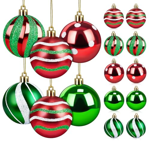 ilauke 30pcs Red Green Christmas Baubles, 6cm Christmas Tree Decorations Baubles, Shatterproof Xmas Balls Hanging Ornaments for Xmas Tree Festival Party Decor