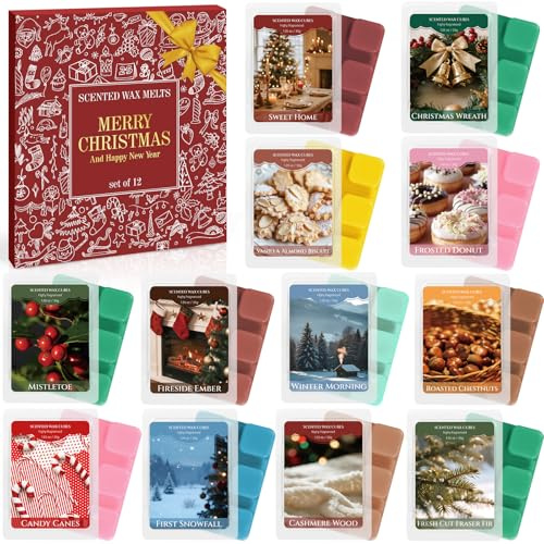 Scent-Hi Christmas Wax Melts 12 Pack of 35g Wax Cubes, Soy Wax Melts for Warmers, Festive & Holiday Home Fragrance Gift Set with 12 Scents