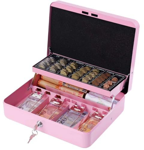 Geldkassette abschließbar mit Schlüssel,Geldkassette mit Münzzählbrett, Kleine tragbare Kasse für Haus, Büro und Veranstaltungen, 30 * 24 * 9cm Pink