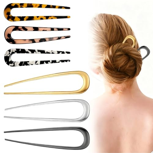 6 Pcs U Shape French Twist Pins, Tortoiseshell Metal Hair Forks for Women, Gold Silver 2 Prong Clips Secure All Hair Types