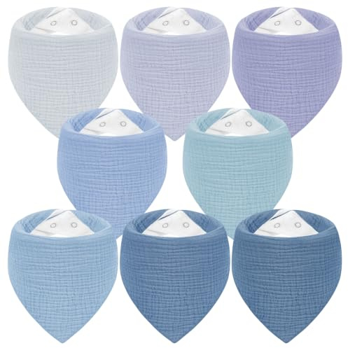 Yukkidds Lätzchen Baby Musselin Dreieckstuch Sabberlätzchen Halstuch | 8er Pack Baby Lätzchen aus 100% Baumwolle, Saugfähig & weich, Verstellbare Druckknöpfe, für Jungen & Mädchen, Blau